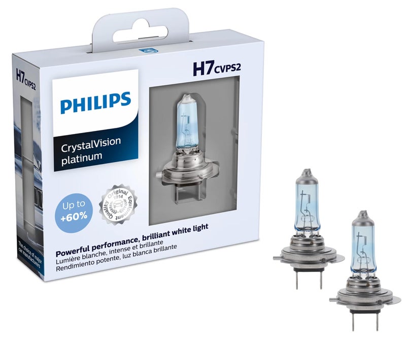 Philips Automotive Lighting H7 CrystalVision Platinum Superior Upgrade Automotive Replacement Bright White Headlight Bulb Fits Select High Beam Low Beam Fog Positions 2 Pack